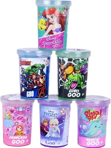 Slijmpot 5x7cm 6 assorti Disney / Marvel / Dino / Princess (voorgeprijsd Eur. 1,49)
