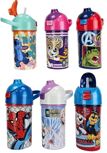 Fliptop waterbottle 6 assortitis 11x7x18cm