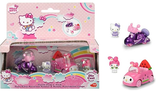 Hello Kitty Die Cast Series Dazzle Dash 2-Pack Macaroon Scooter & Melody Watermelon Coupe 15x18cm