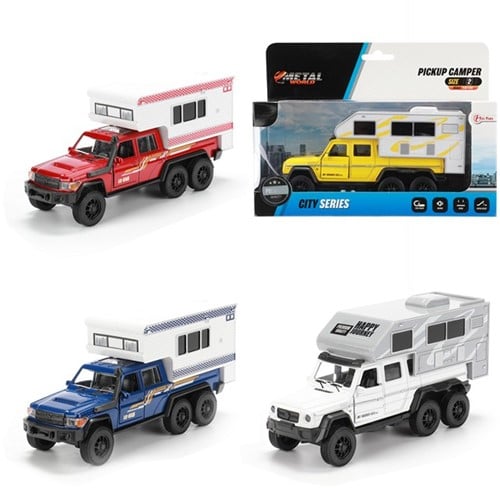 METAL Pick-uptruck camper met geluid pull back 4 assorti 6x19,5x14cm.