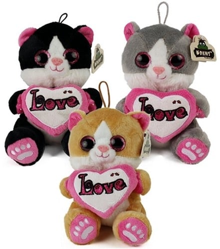 Pluche Kat Zittend Glitter met Hart 3 assorti 20cm