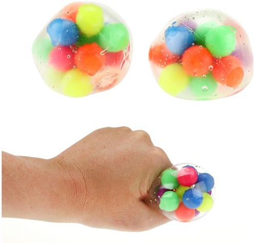 Knijpbal gevuld met gekleurde balletjes 6,5cm