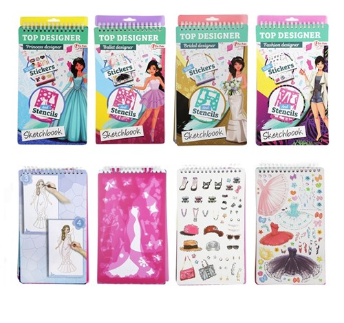 TOP DESIGNER Sketchbook fashion designer + adesivi 4 assortiti 14x25cm
