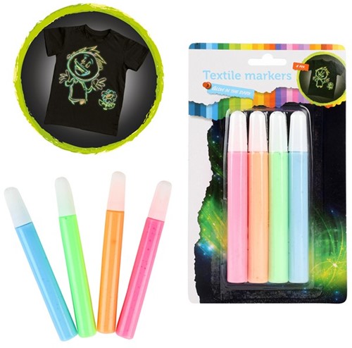 Marqueurs textiles 'Glow in the Dark' 4-Pack sur carte 9x18cm