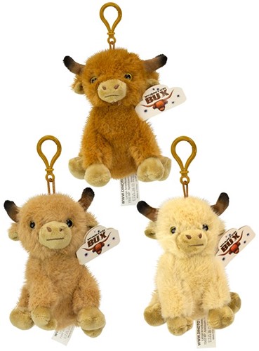 Pluche Highlander Bagclip zittend 3 assorti 14cm