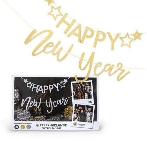 Trendhaus Party-Glitter Guirlande 250cm Happy New Year 3 assorti 17,5x27,5cm