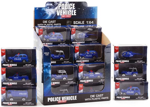 Politievoertuigen 1:64 in display 6 assorti 12x5x6,3cm 
