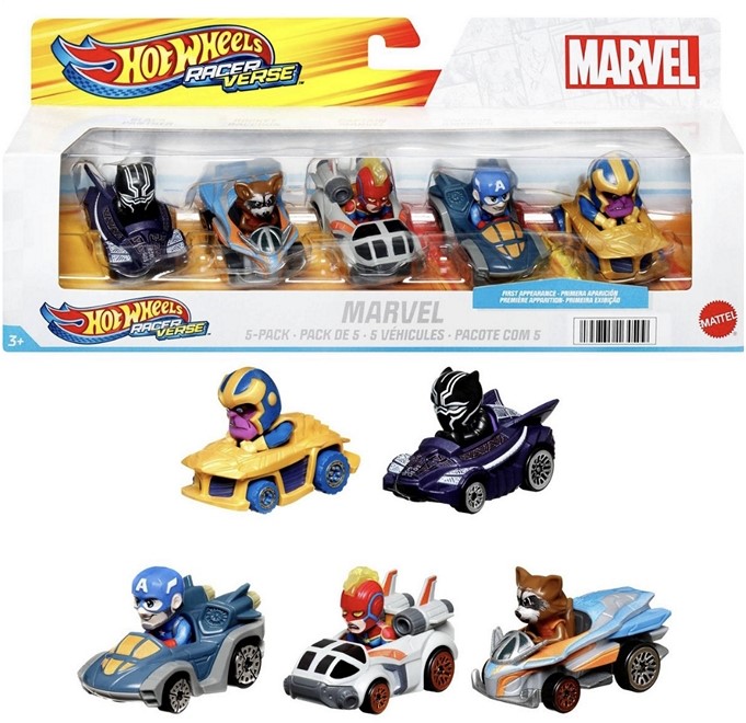 Pack De 5 Voitures Hot Wheels Racer Verse Marvel - Black Panther, Rocket, Etc. - Neuf
