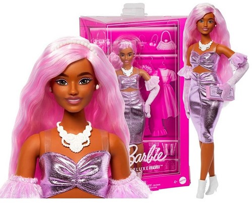 Mattel Barbie Deluxe Style Bambola della con abito viola metallizzato, guanti di velluto e accessori 20x33cm
