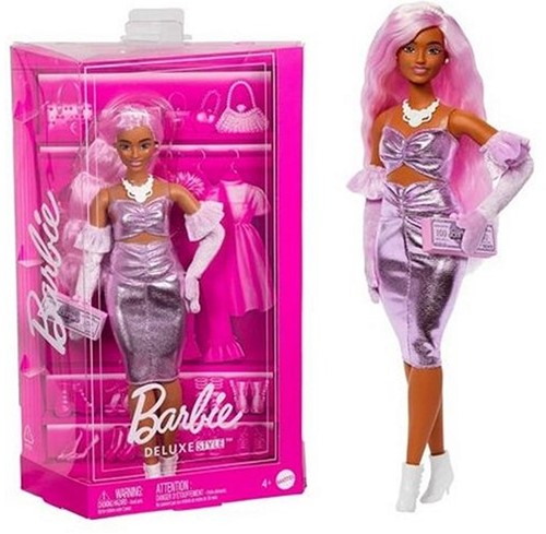 Mattel Barbie Deluxe Style Bambola della con abito viola metallizzato, guanti di velluto e accessori 20x33cm-2