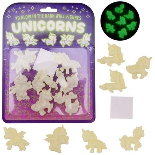 Glow in the dark 3D muur eenhoorns, 7 stuks op kaart 16,5x1,5x21,5cm