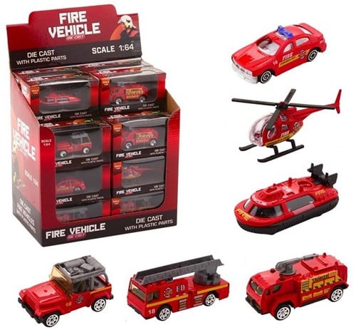 Brandweer voertuigen 1:64 in display 6 assorti 12x5x6,3cm