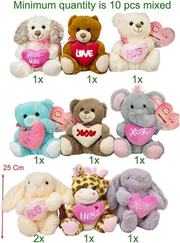 Pluche dieren met hart assorti 25cm
