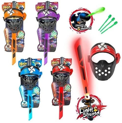 Schietend Ninja Lichtzwaard Licht en geluid met masker 4 assorti 23,5x70cm