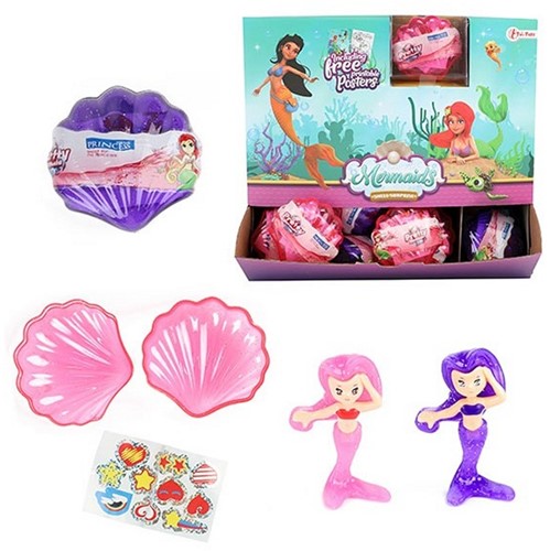 MERMAIDS Schelp gevuld m zeemeermin+ stickers 4 assorti in display 7x7cm