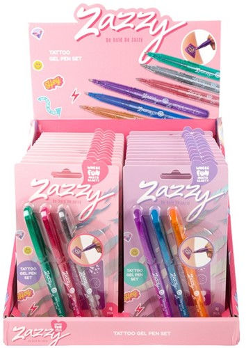ZAZZY Stylos à gel pour tatouage, lot de 3 avec pochoir 11x20cm, 2 modèles assortis présentés en présentoir (24)-2