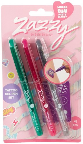 ZAZZY Stylos à gel pour tatouage, lot de 3 avec pochoir 11x20cm, 2 modèles assortis présentés en présentoir (24)-3